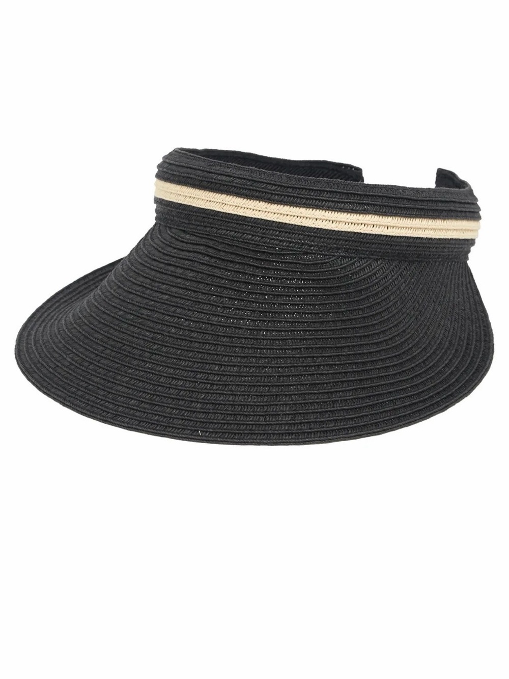 Wide-Brim Black Straw Visor with Cream Stripe